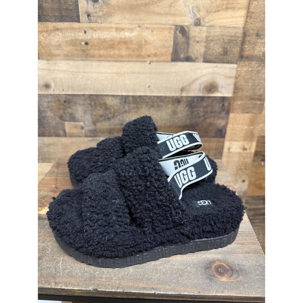 UGG Fluffita Black Sheepskin Platform Slide Sandals Logo Strap Women 1113428